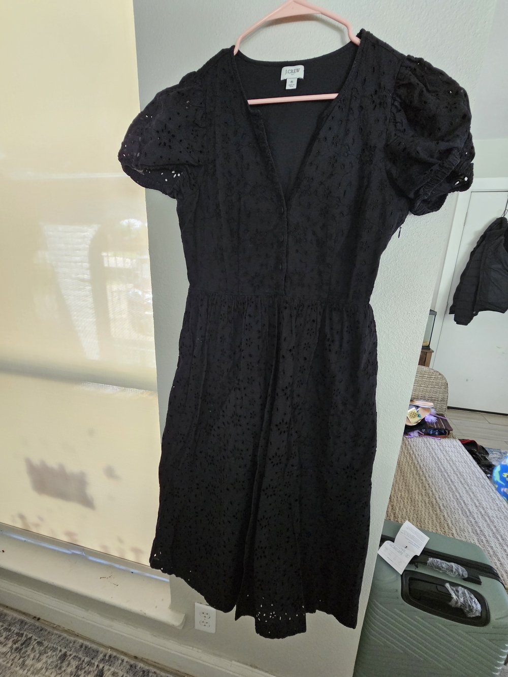 J. Crew Black Eyelet Puff-Sleeve Midi Dress